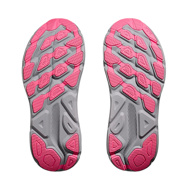 Soles of Hoka Women's Clifton 9 GORE-TEX Running Shoe in Grey Skies