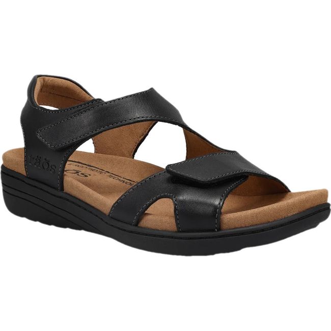 Front angled view of Women's Taos Serene Sandal in Black leather with velcro straps