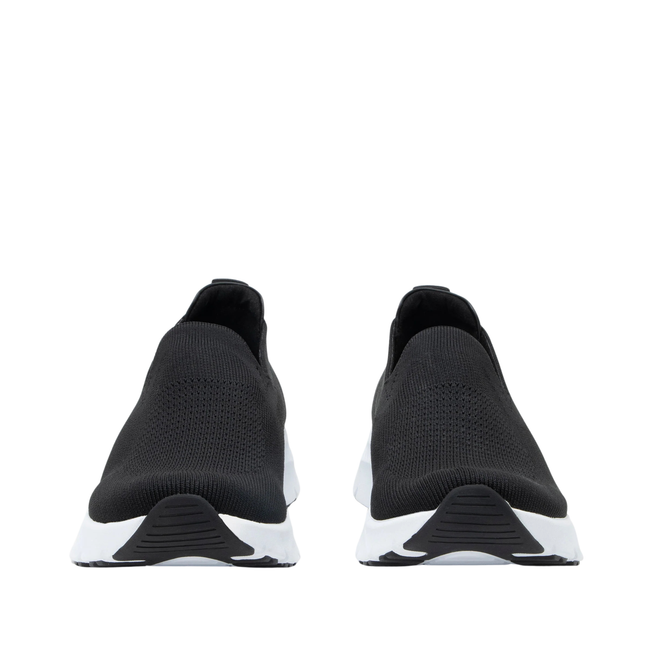 Front of Women&#39;s Alegria Waze slip on shoes in black knit upper and white soles