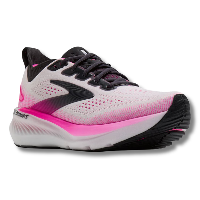 Angled side of Brooks Women's Glycerin GTS 23 Running Shoe in Cyber Pink
