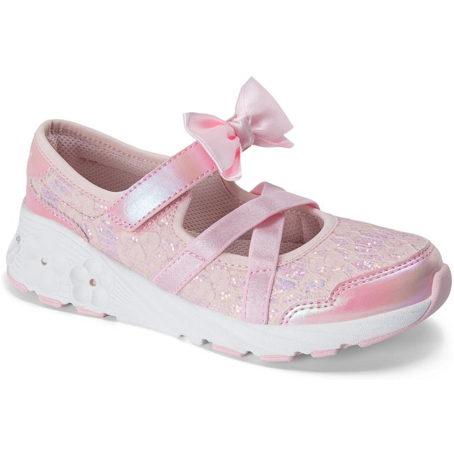 Stride Rite Lighted Flora Mary Jane in blush pink with a satin bow, angled view