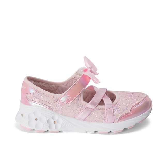 Right side profile of the Stride Rite Lighted Flora in blush pink with flower sole detail