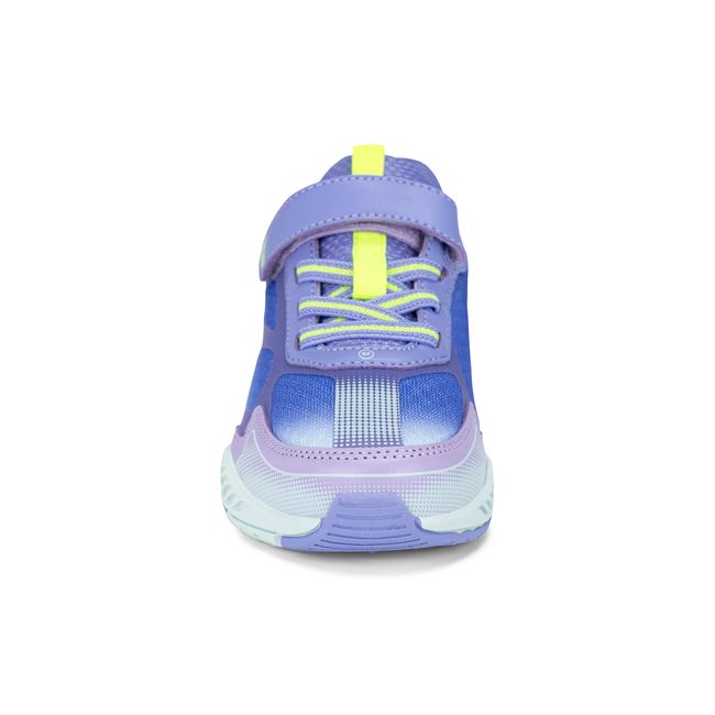 Front view of the Stride Rite Hypersonic in soft purple with neon yellow-green laces