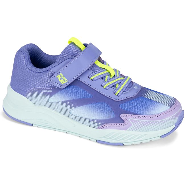 Stride Rite Hypersonic sneaker in soft purple with neon yellow-green laces, three quarter view
