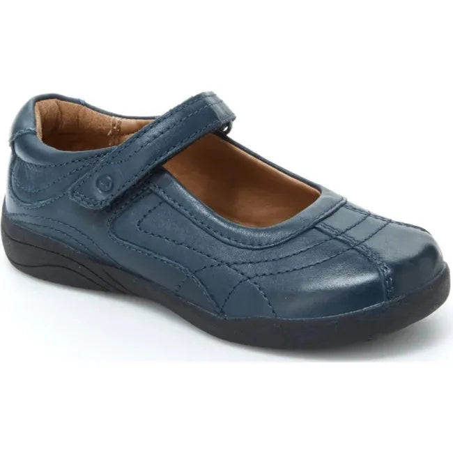 Front angled view of Kids Claire Stride Rite Mary Jane Shoe in navy blue leather with velcro strap