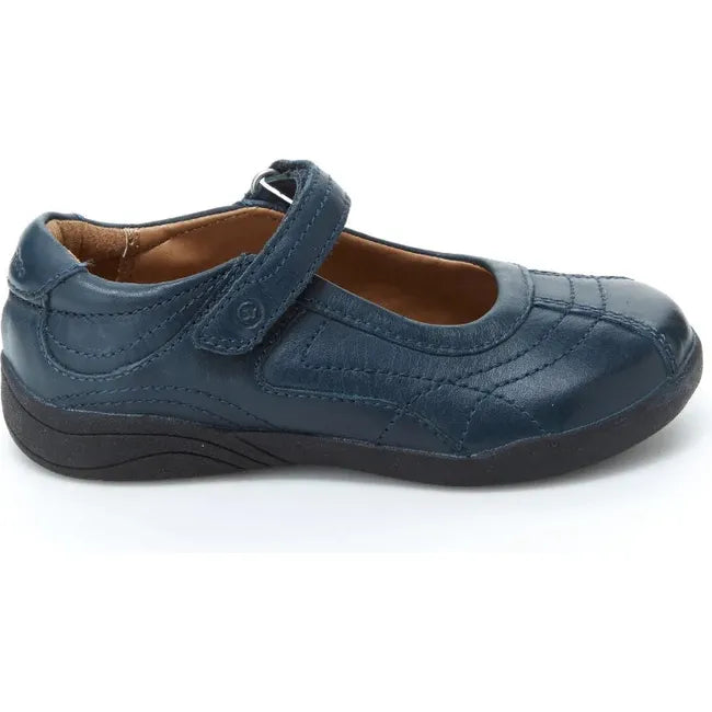 Lateral side of Kids Claire Stride Rite Mary Jane Shoe in navy blue leather with velcro strap