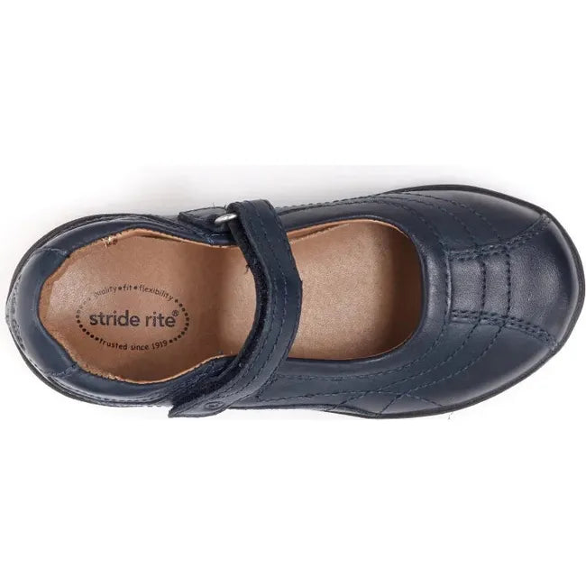TOp down view of Kids Claire Stride Rite Mary Jane Shoe in navy blue leather with velcro strap