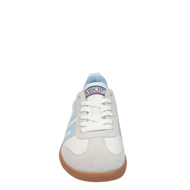 Front of lace up Back 70 Cloud women’s retro sneaker in white and light blue.
