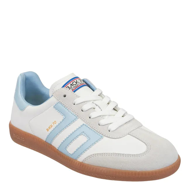 Front angled view of Back 70 Cloud women’s retro sneaker in white and light blue.