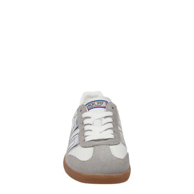 Front of lace up Back 70 Cloud women’s retro sneaker in white and light grey.