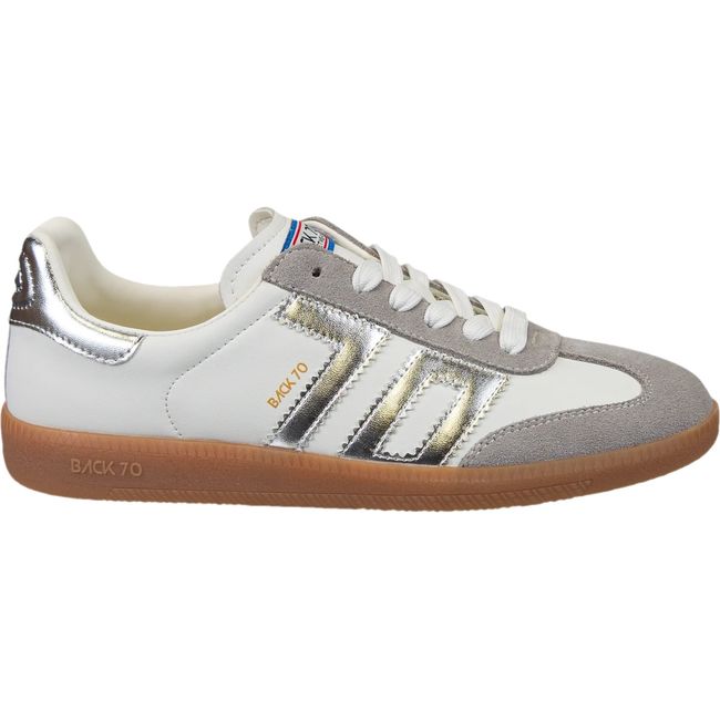 Lateral side of Back 70 Cloud women’s retro sneaker in white and light grey.
