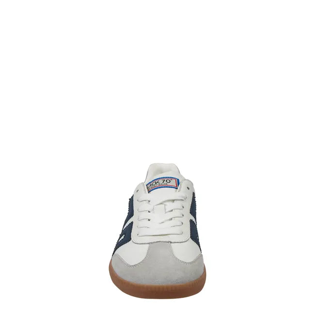 Front of lace up Back 70 Cloud women’s retro sneaker in white and navy blue.