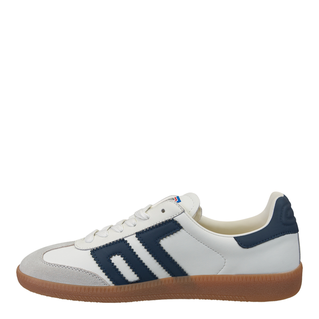 Medial side of Back 70 Cloud women’s retro sneaker in white and navy blue.