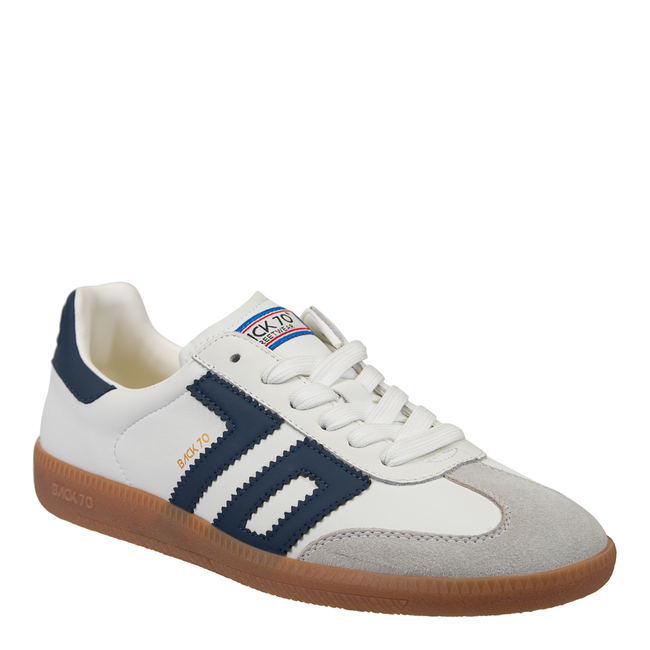 Front angled view of Back 70 Cloud women’s retro sneaker in white and navy blue.
