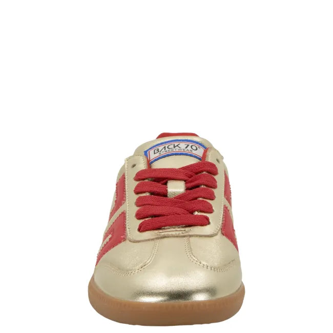 Front of lace up Back 70 Cloud NM gold and red women’s retro fashion sneaker