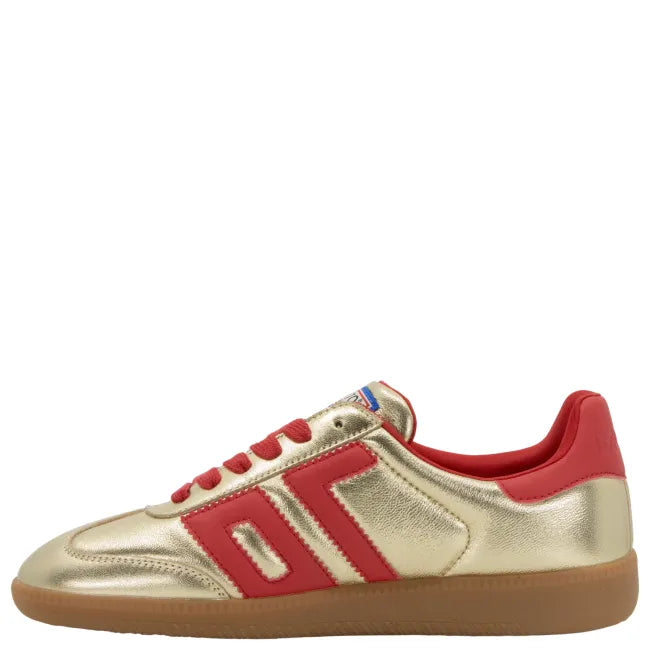 Medial side of Back 70 Cloud NM gold and red women’s retro fashion sneaker