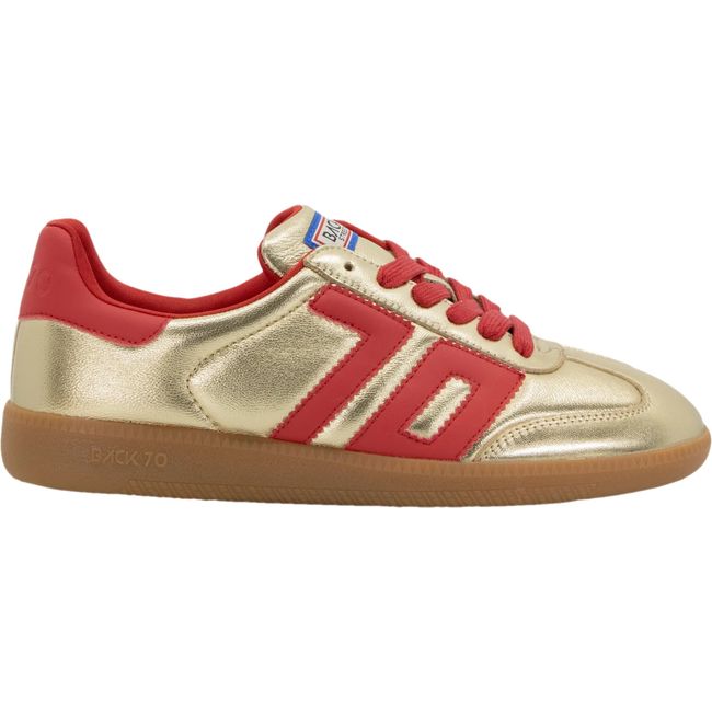 Lateral side view of Back 70 Cloud NM gold and red women’s retro fashion sneaker