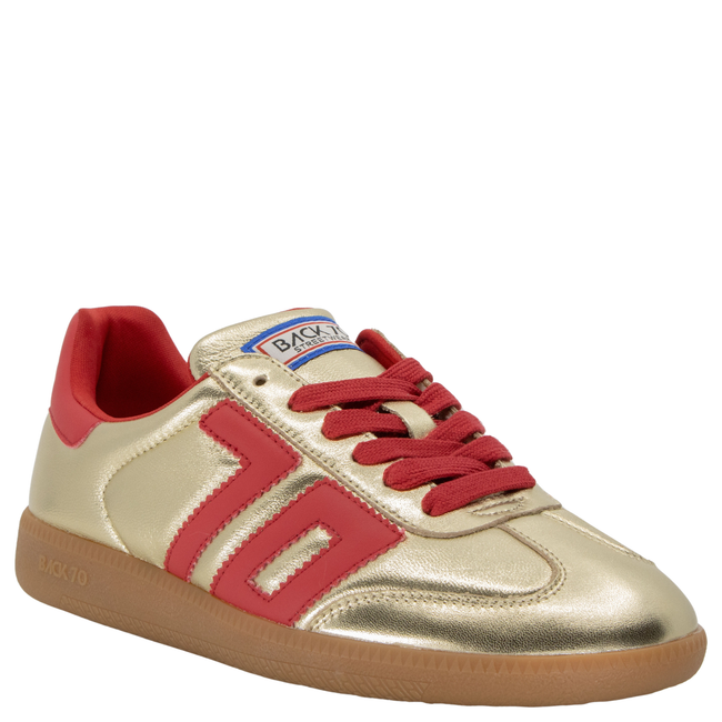 Front angled view of Back 70 Cloud NM gold and red women’s retro fashion sneaker
