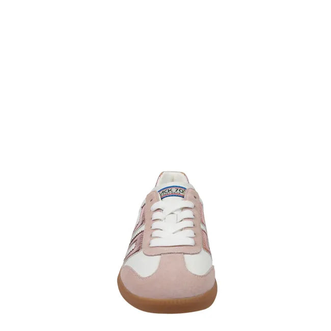 Front of lace up Back 70 Cloud women’s retro sneaker in white and pink metallic.