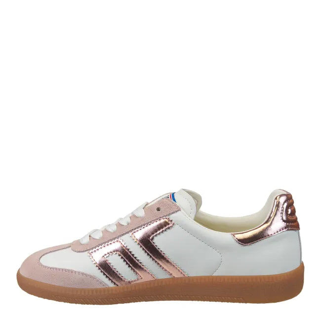 Medial side of Back 70 Cloud women’s retro sneaker in white and pink metallic.