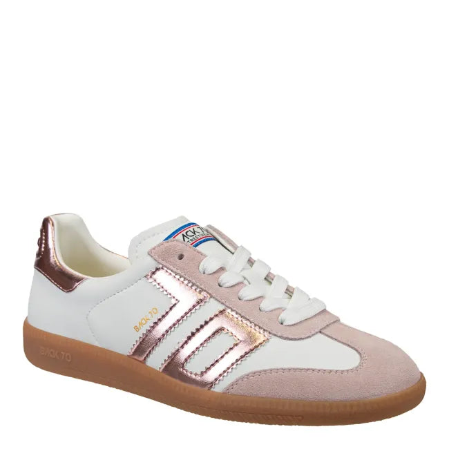 Front angled view of Back 70 Cloud women’s retro sneaker in white and pink metallic.