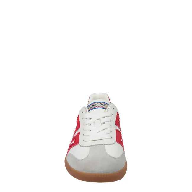 Front of lace up Back 70 Cloud women’s retro sneaker in white and red
