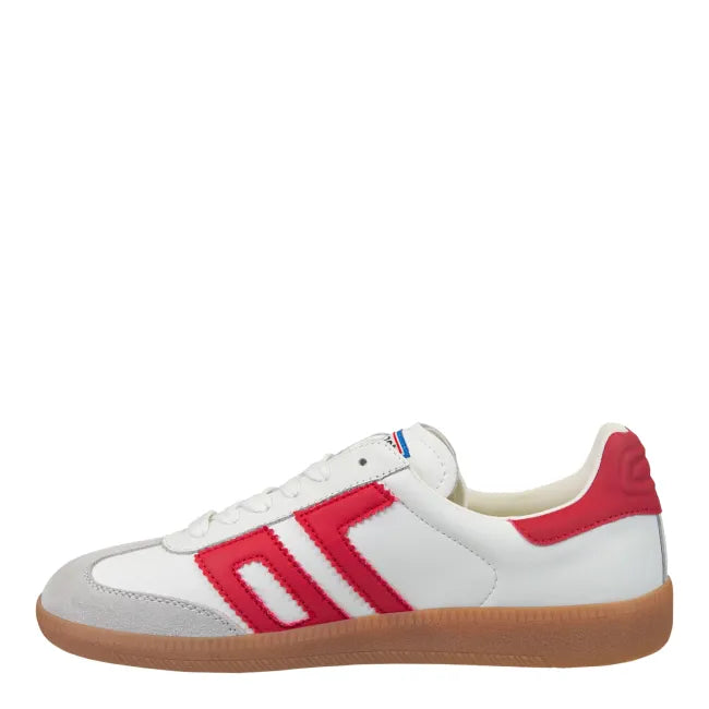 Medial side of Back 70 Cloud women’s retro sneaker in white and red.