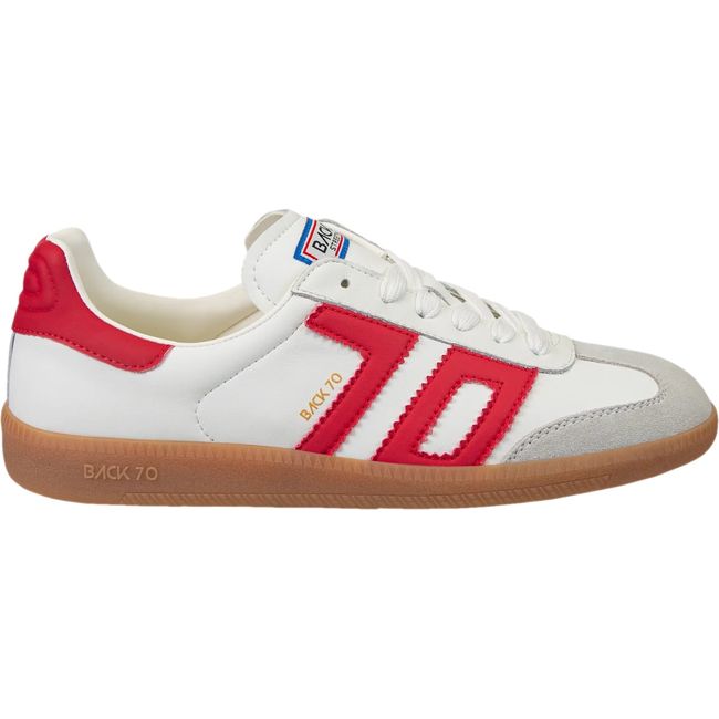 Lateral side of Back 70 Cloud women’s retro sneaker in white and red.