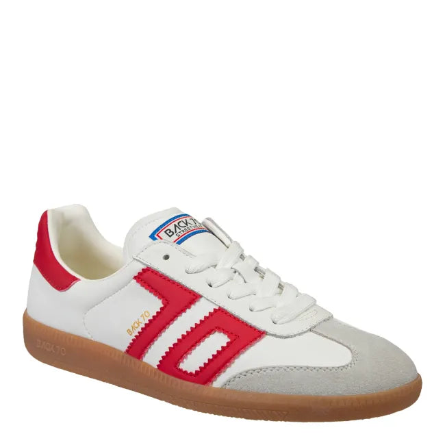 Front angled view of Back 70 Cloud women’s retro sneaker in white and red