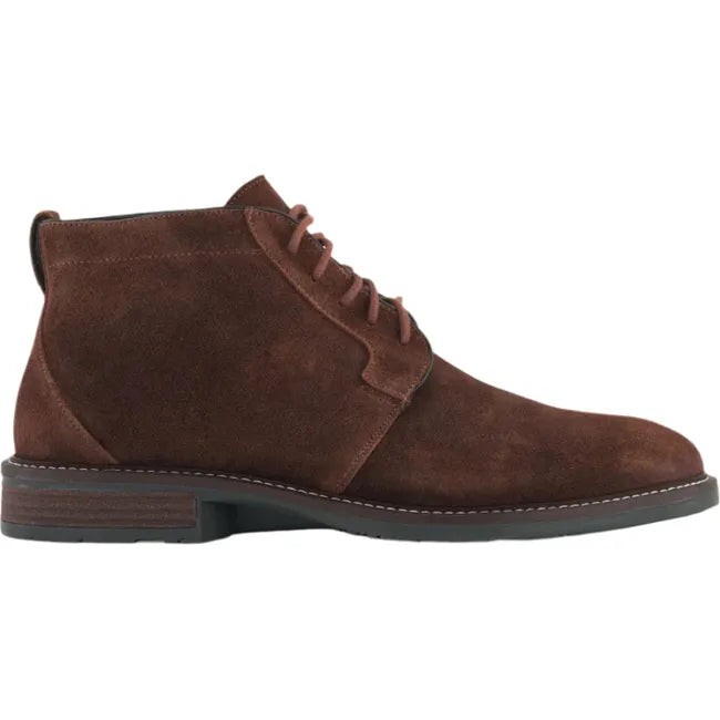 Lateral side view of the Naot Men's Commander Ankle Boot in Sea Brown Suede. It features a classic lace-up closure, a sophisticated dressy design, and a polyurethane sole.