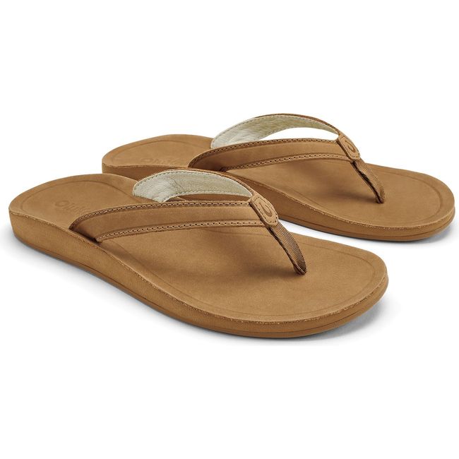 Pair of Women's Olukai Southshore Flip Flop in Toffee tan waterproof leather