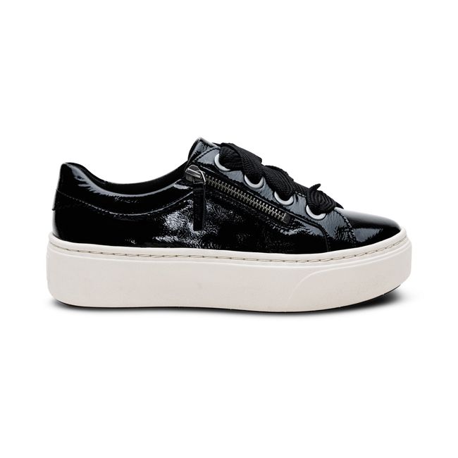 Lateral profile of Aetrex Women's Aubrey Platform Sneaker in black patent