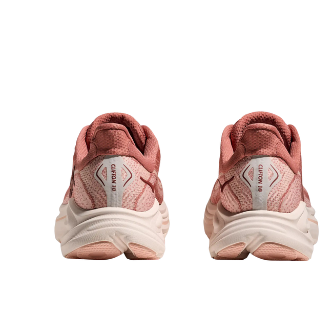Heels of Hoka Women's Clifton 10 Running Shoe in Rose Latte Pinkish Red