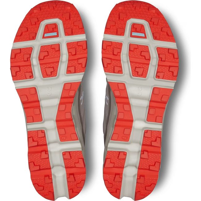 Soles of Mens On Running Cloudvista 2 Waterproof Trail Running Shoes in Pearl Ice with orange tread