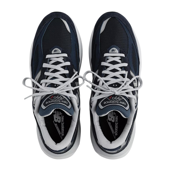 Top down view of Women's New Balance 990v6 Running Shoes in navy with gray laces