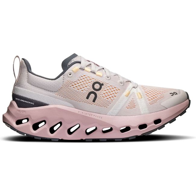 Lateral side of Women's On Running Cloudsurfer Trail Running Shoe in Silver and Mauve