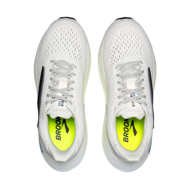 Top of Men's Brooks Glycerin Max Running Shoes. White upper with yellow and black accents.