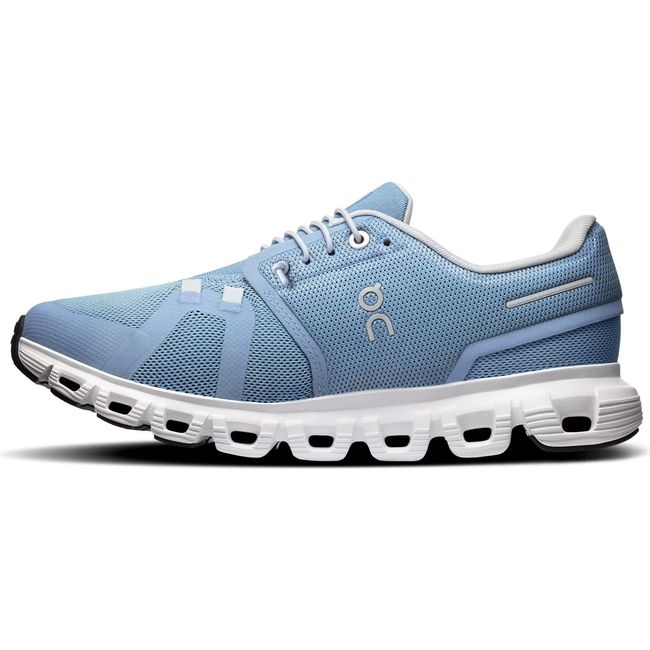 Medial side of Women's On Running Cloud 6 Running Shoe in Chambray White with slip on speed lacing