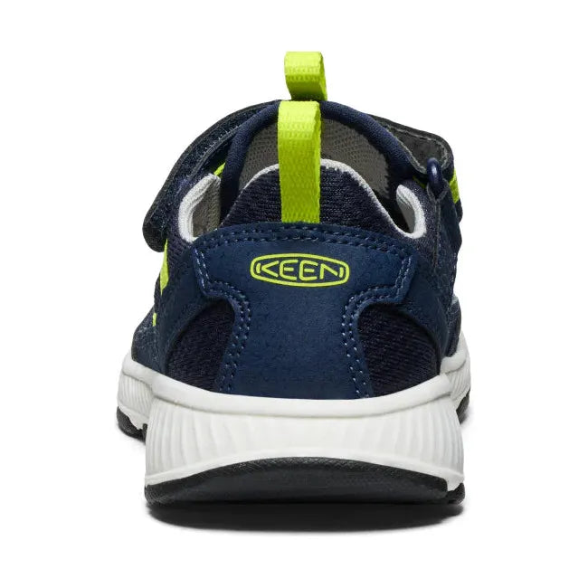 Heel of KEEN Kids' Motozoa Closed Toe Sandal in Naval Academy blue Evening Primrose yellow