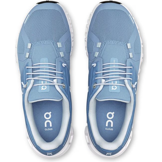 Top down view of Womens On Running Cloud 6 Running Shoes in Chambray White with slip on speed lacing