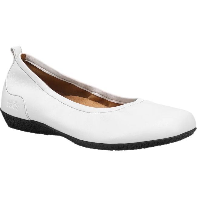 Front angled view of Women's Taos Chit Chat Flat in white leather