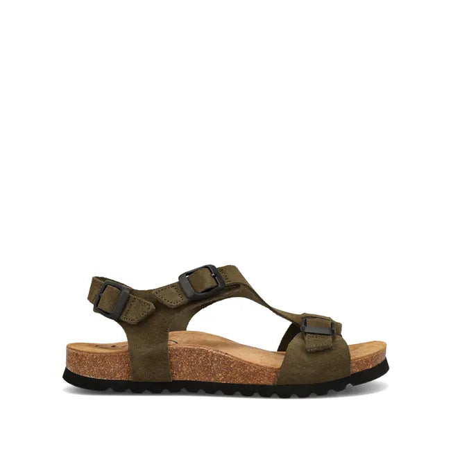 Lateral side of Women's Taos MVP Sandal in olive green suede with cork sole