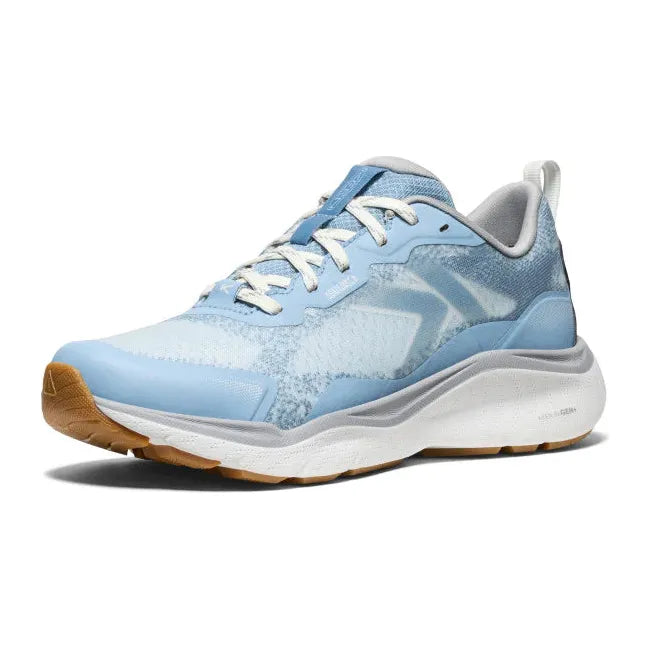 Front angled view of Women's Keen Leiki Speed Hiking Shoe in blue skyway star white colorway