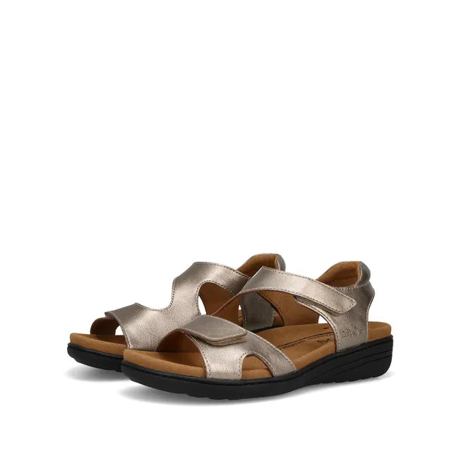 Pair of Women's Taos Serene Sandals in Champagne leather with velcro straps