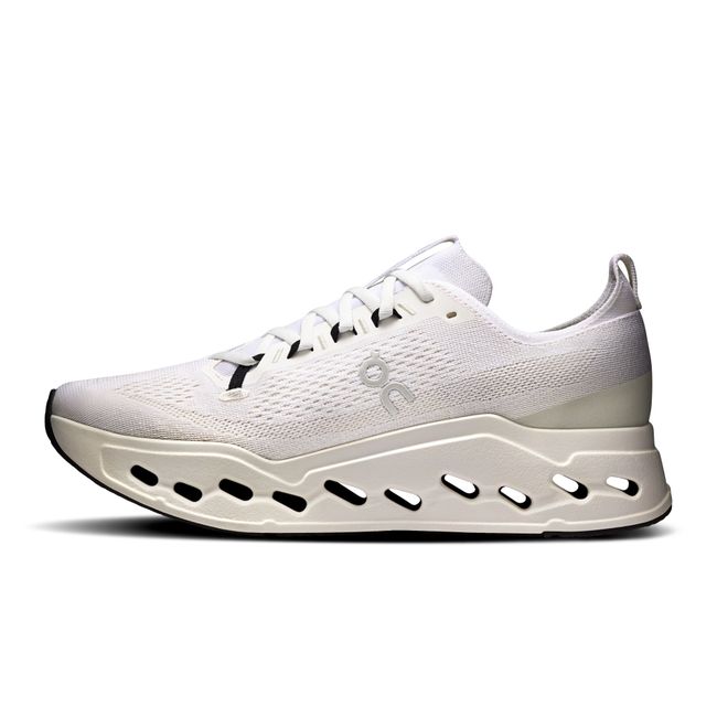 Medial side of Men's On Running Cloudsurfer Max Cushioned Running Shoe in All White
