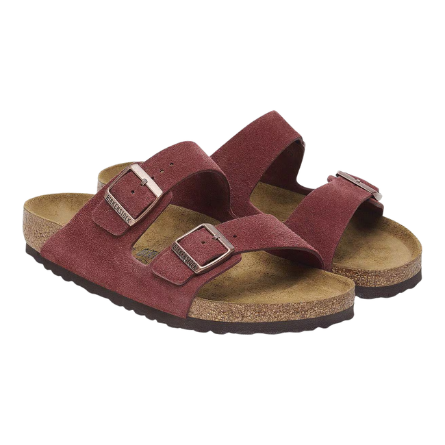 Angled Pair of Birkenstock Women's Arizona Suede Sandal in Zinfandel Red