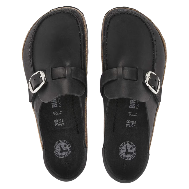 Tops of Birkenstock Unisex Oiled Leather Buckley in Black