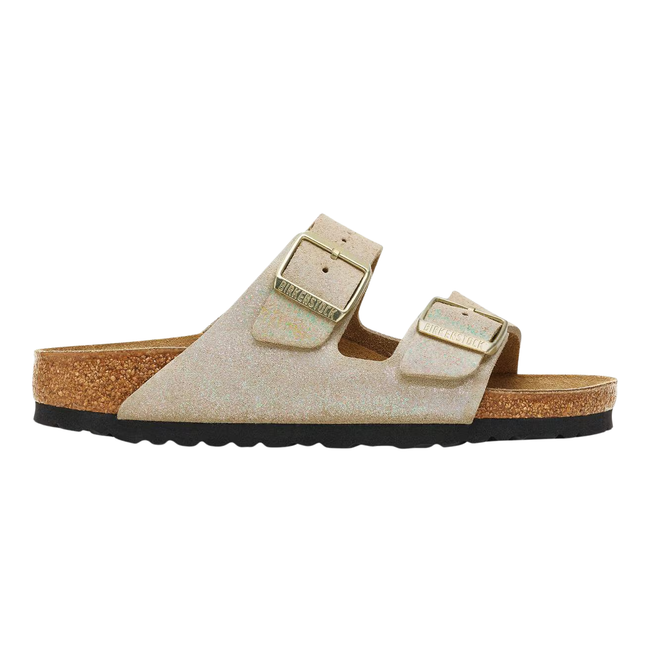 Side of Birkenstock Women's Arizona Suede Sandal in Shimmering Taupe