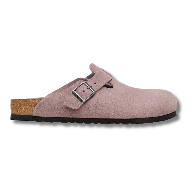 Lateral side of Birkenstock Women's Boston Soft Footbed Suede Clog in Faded Purple