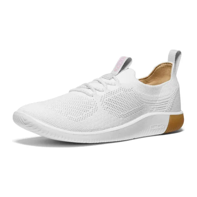 Front angled view of Women&#39;s Keen KNX Knit Sneaker in Star White Moonlite Mauve colorway